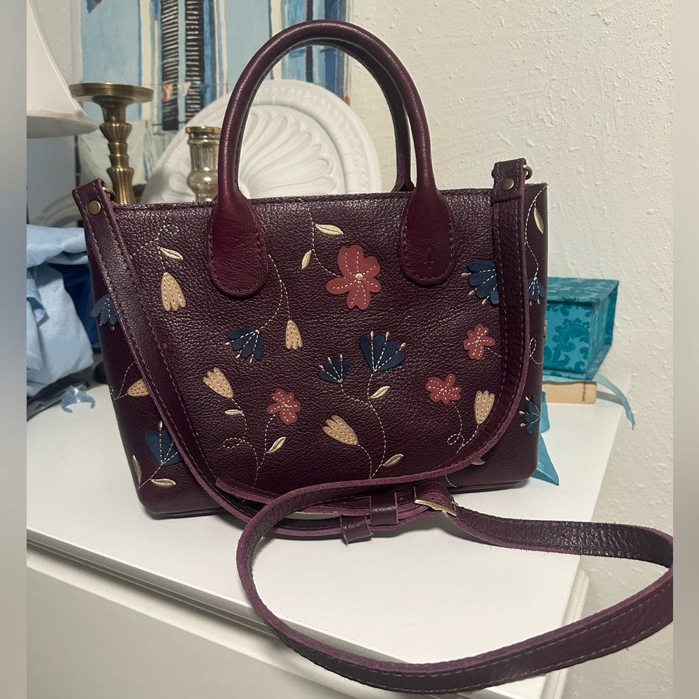 Portland Leather Raindrop Crossbody Floral Embroidered Burgundy Bag